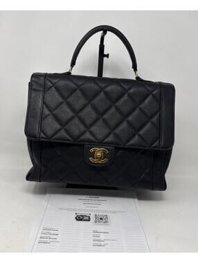 Vintage Chanel Black Coco Top Handle Bag Quilted Caviar 24k Large COA